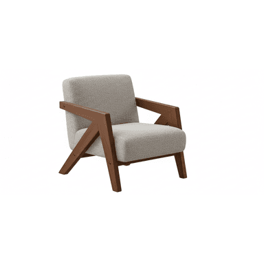A modern upholstered armchair featuring an exposed, angular wooden frame. The seat, backrest, and armrest pads are upholstered in a light grey, textured fabric, contrasting with the dark brown wood. The design emphasizes clean lines and a structural aesthetic. — 3D model (AI enhanced source)