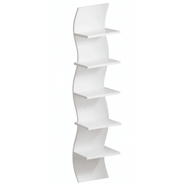 A tall, slender, white wall-mounted shelving unit featuring a distinctive wavy back panel. It incorporates five fixed, rectangular shelves that protrude from the undulating backboard, creating a visually dynamic and functional display piece. The unit appears to be made from a smooth, matte white material, likely painted wood composite, designed for contemporary interior spaces. — 3D model (AI enhanced source)