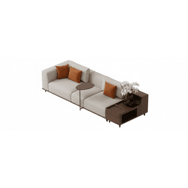 A modern modular sectional sofa featuring light-colored fabric upholstery, integrated dark wood tables, and burnt orange accent cushions, presented against a white background. — 3D model (AI enhanced source)