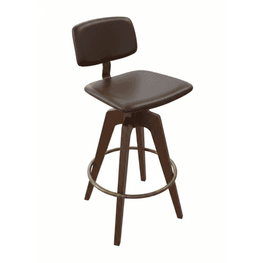 A brown bar stool with a swiveling seat and backrest, supported by a wooden tripod base. The seat and backrest appear to be upholstered. A brass-colored metal ring encircles the base of the legs, serving as a footrest. The overall design suggests a mid-century modern aesthetic. — 3D model (AI enhanced source)