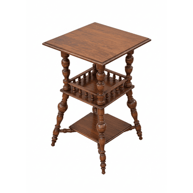 A traditional three-tiered accent table made from dark-stained wood. It features square surfaces, ornately turned legs, and a spindled gallery rail on the middle tier. — 3D model (AI enhanced source)
