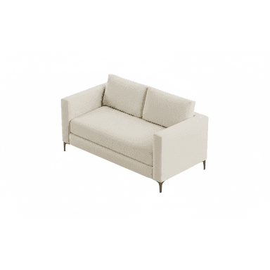 A modern two-seater loveseat featuring a cream or off-white textured fabric upholstery. It has straight track arms, loose back cushions, and a tight seat design. The frame is supported by slender, tapered dark metal legs. The overall aesthetic is clean and contemporary, suitable for various interior styles. — 3D model (AI enhanced source)