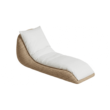 A contemporary chaise lounge featuring a curved, low-profile base meticulously crafted from tightly woven natural fibers, possibly rattan or a synthetic equivalent. It is fitted with a thick, plush white cushion that conforms to the reclining shape of the base, providing a comfortable surface for relaxation. The design suggests a blend of natural textures with a modern aesthetic. — 3D model (AI enhanced source)