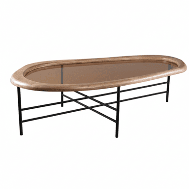 An oval coffee table featuring a smoked glass top inset into a rounded wooden frame. The frame is supported by a minimalist base constructed from thin, black metal legs arranged in an 'X' shape, providing a contrast to the natural wood and glass elements. — 3D model (AI enhanced source)