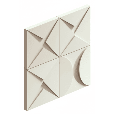 A decorative wall panel composed of four square sections arranged in a 2x2 grid. Each section features a unique geometric relief pattern. The overall design is abstract and modern, with sharp angles and curved elements that create a dynamic play of light and shadow. The panel is a monolithic piece, suggesting it is designed for wall mounting. — 3D model (AI enhanced source)