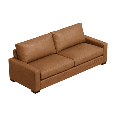 A contemporary two-seater sofa upholstered in a warm, light brown (cognac) leather, featuring clean lines, track arms, and two generously sized seat cushions and two back cushions. It sits on short, dark, recessed block feet. — 3D model (AI enhanced source)