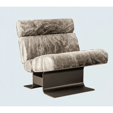 A modern low-slung lounge chair featuring a distinctive, slightly curved dark metal base and thick, rounded cushions upholstered in a textured, patterned fabric resembling hair-on hide. The chair has an armless design with a separate back cushion and seat cushion, both appearing plush and comfortable. — 3D model (AI enhanced source)