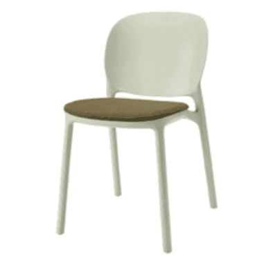 A light beige-green contemporary dining chair featuring a molded plastic seat and backrest, with a contrasting brown upholstered seat cushion. — 3D model (AI enhanced source)