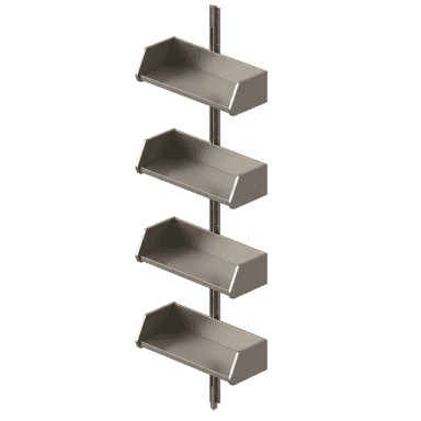 A 3D render of a wall-mounted shelving system featuring four identical, rectangular, open-front shelves made of a brushed metallic material, attached to a central vertical support pole. — 3D model (AI enhanced source)