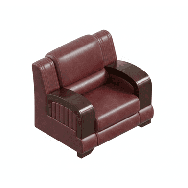 A plush, upholstered armchair in a deep reddish-brown (burgundy) faux leather material, featuring distinctive dark wood armrests with a rounded top and vertically grooved side panels. The backrest shows vertical stitching detail. — 3D model (AI enhanced source)