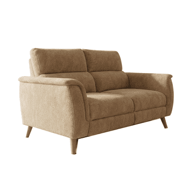 A contemporary two-seater sofa, or loveseat, upholstered in a tan fabric with rolled armrests and tapered wooden legs. — 3D model (AI enhanced source)