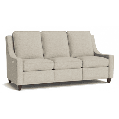 A three-seater sofa with plush cushions and upholstered arms. It features a textured fabric in a neutral tone and stands on dark wooden legs. There is a visible control panel on the left armrest, suggesting it is a recliner sofa. — 3D model (AI enhanced source)