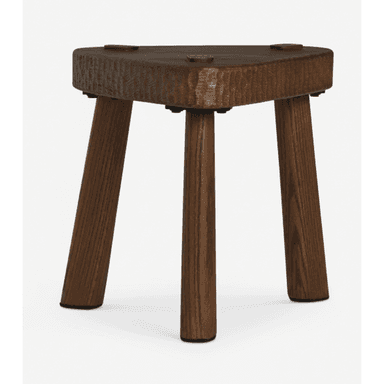 A triangular wooden stool with three splayed legs, featuring a hand-carved or rough-hewn texture on the edges of the seat. The wood has a dark brown finish. — 3D model (AI enhanced source)