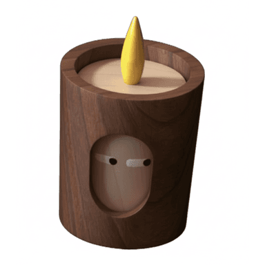 A modern, minimalist decorative lamp designed to resemble a candle, featuring a cylindrical dark walnut wood body. An oval cutout on the front reveals an internal light-colored wooden element shaped like a stylized face with simple black eyes. A yellow, flame-like LED light protrudes from the top surface. — 3D model (AI enhanced source)