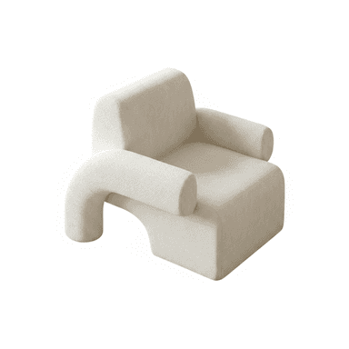 An off-white, upholstered accent chair featuring a contemporary, sculptural design with an asymmetrical form. One armrest is a solid, block-like extension of the seat back, while the other is a distinctive, C-shaped curved element that meets the floor. The entire piece is covered in a textured bouclé fabric, presenting a monolithic and plush appearance. — 3D model (AI enhanced source)
