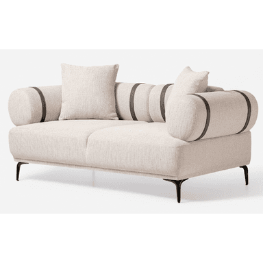 A modern two-seater loveseat featuring light beige textured fabric upholstery. It has distinctive cylindrical bolster arms, which are accented with dark, presumably leather or faux leather, straps. The loveseat includes two square loose throw pillows in the same fabric. It is supported by slender, splayed black metal legs, giving it an elevated and airy appearance. The overall design is clean, minimalist, and contemporary. — 3D model (AI enhanced source)