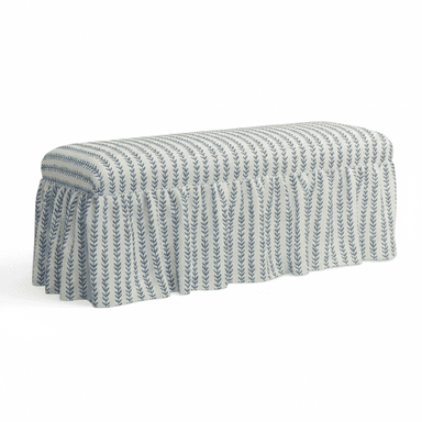A rectangular bench upholstered with a fabric featuring a repeating pattern of blue vertical sprigs on a cream background. The bench has a skirted base with a ruffled edge that extends to the floor, concealing the legs. The upholstery has a plush, padded appearance. — 3D model (AI enhanced source)