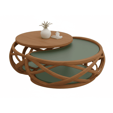 A modern multi-level coffee table featuring a distinctive interwoven wooden lattice base that supports two circular tabletops. One tabletop is higher and made of a natural wood tone, while the larger, lower tabletop features a smooth, matte green surface. The upper wooden top appears to be designed to swivel over the lower green section, creating flexible surface area. The overall aesthetic combines natural wood textures with a contemporary design and a pop of color. — 3D model (AI enhanced source)