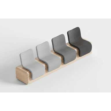 A four-seat modular waiting room bench with individual upholstered seats on a wooden base. — 3D model (AI enhanced source)