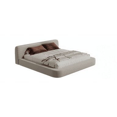 A modern upholstered platform bed featuring a low-profile design, integrated headboard, and soft, rounded edges, all covered in a light beige/greige textured fabric. — 3D model (AI enhanced source)