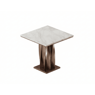 A square-topped side table with a marble surface and a distinctive, abstract pedestal base. The base consists of multiple metallic, twisted panels that converge towards the center, supported by a flat, rectangular metallic plinth. — 3D model (AI enhanced source)