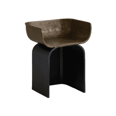 A contemporary accent chair featuring a distinctive two-part construction. The seat is a shallow, contoured bucket shape with integrated low sides, exhibiting a patinated bronze or brass finish. This metallic upper is supported by a solid, dark, U-shaped base, likely constructed from wood or a wood composite, presenting a modern, sculptural aesthetic. — 3D model (AI enhanced source)