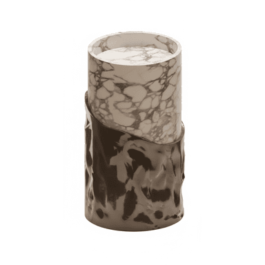 A contemporary cylindrical accent table featuring a white marble top section with grey veining, contrasting with a dark, textured metallic base that has a molten or organic finish. The two sections are seamlessly joined, creating a visually distinct two-tone design. — 3D model (AI enhanced source)