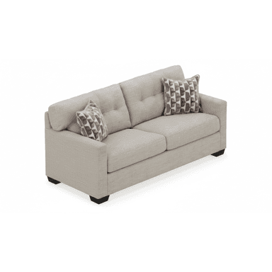 A contemporary upholstered sofa featuring a light beige or greige fabric, block arms, and tapered block feet. It has two large seat cushions and two back cushions with button tufting. Two patterned throw pillows are included. — 3D model (AI enhanced source)