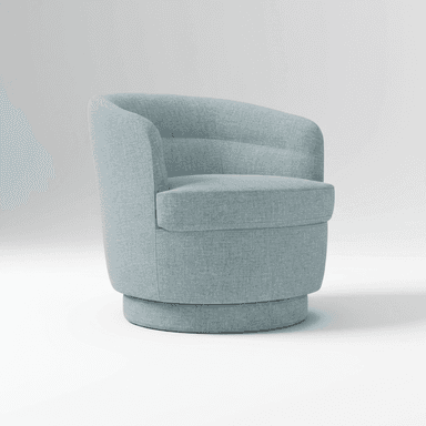A contemporary upholstered swivel chair featuring a rounded, compact silhouette. It has integrated arms that flow seamlessly from the low backrest, which shows subtle horizontal channel tufting. The chair is covered in a textured light blue fabric and sits on a matching drum-shaped swivel base. — 3D model (AI enhanced source)