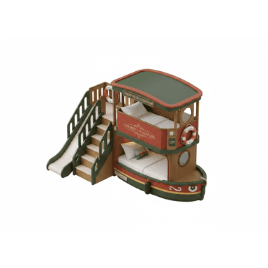 A highly detailed children's bunk bed system designed as a double-decker riverboat or ferry. The structure features a lower sleeping berth and an upper berth, accessed via a set of integrated stairs on the left side. A slide descends from the upper level alongside the stairs, providing an additional play element. The boat design includes a green roof, red and green hull accents, circular porthole windows, decorative life preservers, and signage, enhancing its whimsical, nautical theme. — 3D model (AI enhanced source)