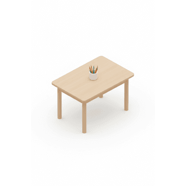 A small, rectangular table made from light-colored wood, featuring rounded corners on its tabletop and four cylindrical legs. A white cup holding several colored pencils sits on the tabletop. — 3D model (AI enhanced source)