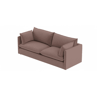 A contemporary three-seater sofa with a muted rose or dusty pink fabric upholstery. It features clean lines, wide track arms, two deep seat cushions, and multiple loose back cushions with piped edges, suggesting a comfortable and casual design. The sofa has a low profile with minimal or hidden feet. — 3D model (AI enhanced source)