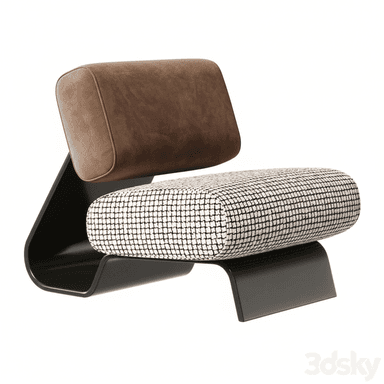 An armless lounge chair featuring a distinctive S-shaped bent base made of lacquered wood, supporting two separate cylindrical cushions upholstered in contrasting materials. — 3D model (AI enhanced source)