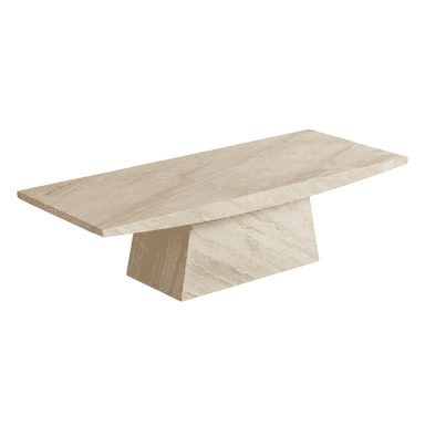 A long, rectangular coffee table constructed entirely from light beige travertine with a distinctive angled pedestal base, showcasing natural stone patterns. — 3D model (AI enhanced source)