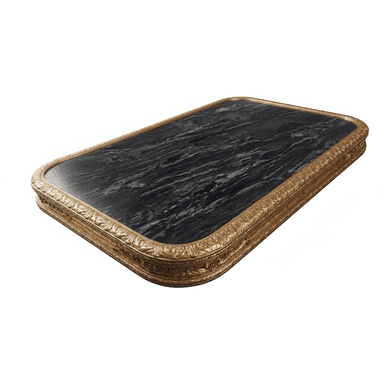 An ornate gilded tabletop featuring a rectangular black marble surface with rounded corners, set within a highly decorative gold-finished frame. — 3D model (AI enhanced source)