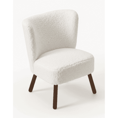 A contemporary armless accent chair featuring a curved back and seat, upholstered in a plush, white bouclé fabric. It stands on four slender, splayed dark wood legs. — 3D model (AI enhanced source)