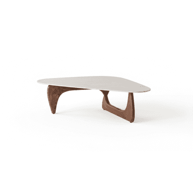 A low-profile coffee table featuring an organically shaped, light-colored tabletop and a sculptural dark wood base. The base consists of two interlocking curved pieces forming a stable support for the top, resembling the iconic Noguchi design. — 3D model (AI enhanced source)