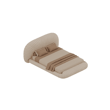 A modern upholstered platform bed featuring a distinctive fluted design on its headboard and footboard, presented with a neutral color palette. The bed includes a mattress and bedding in coordinating beige and taupe tones. — 3D model (AI enhanced source)