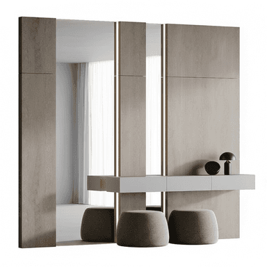 A contemporary wall-mounted dressing table set featuring light wood-grain panels. The setup includes integrated mirrors with vertical LED lighting strips, a minimalist floating white shelf serving as the main surface, and two accompanying rounded, gray upholstered stools. A small black mushroom lamp and a decorative bowl are placed on the shelf. — 3D model (AI enhanced source)