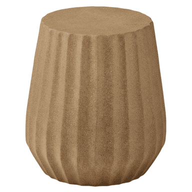 A contemporary, cylindrical accent stool with a tapered profile, featuring a unique vertical fluted texture and a granular, sand-like finish in a light beige color. — 3D model (AI enhanced source)