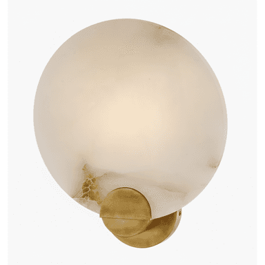 A modern wall sconce featuring a circular, translucent natural stone diffuser with subtle veining, mounted on a compact, brushed brass base. The light is emitted softly and diffusedly through the stone. — 3D model (AI enhanced source)