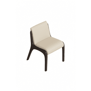 A low-profile, armless chair featuring a dark stained wooden frame that forms integrated legs and back support, complemented by a cream-colored upholstered seat and backrest. — 3D model (AI enhanced source)