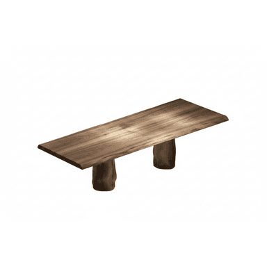 A long, rectangular wooden bench featuring a live-edge top and two thick, organically shaped wooden pedestal legs. The natural wood exhibits prominent grain patterns. — 3D model (AI enhanced source)