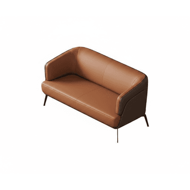 A modern two-seater sofa featuring rich cognac-colored leather upholstery and slender black metal legs. The design is characterized by integrated, gently sloped armrests that flow seamlessly into the backrest, creating a sleek and cohesive profile. The seating area is composed of a single, continuous cushion, contributing to its minimalist aesthetic. The overall appearance is contemporary and sophisticated. — 3D model (AI enhanced source)