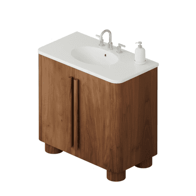 A modern bathroom vanity featuring a solid wood or wood veneer cabinet with a white ceramic integrated sink and countertop. The cabinet has rounded edges and two doors with recessed vertical bar handles. It stands on four short, cylindrical block feet. A chrome faucet and a white soap dispenser are visible on the countertop. — 3D model (AI enhanced source)