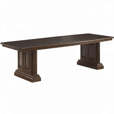 A long, rectangular dining table constructed from dark wood, supported by two substantial pedestal bases. The table features a smooth, flat top with a slightly rounded edge. Each pedestal base is composed of a central column with recessed paneling, fluted details, and rests on a wide, tiered rectangular plinth, imparting a classic and sturdy aesthetic. — 3D model (AI enhanced source)