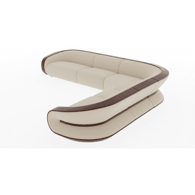 An L-shaped sectional sofa featuring smooth cream-colored upholstery and prominent dark wood trim along its curved backrests and armrests. The design is modern and sophisticated, with segmented cushions. — 3D model (AI enhanced source)