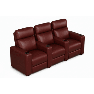 A three-seat reclining sofa upholstered in a rich burgundy leather or leatherette, featuring integrated cupholders in each armrest. Each seat appears to be independently reclinable, designed for comfort in a home theater or media room setting. The sofa has padded headrests and generously proportioned armrests. — 3D model (AI enhanced source)