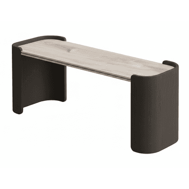 A modern bench with a rectangular seat and curved, upholstered sides. The seat appears to be made of wood with a light grain pattern, while the sides are covered in a dark, textured fabric. — 3D model (AI enhanced source)