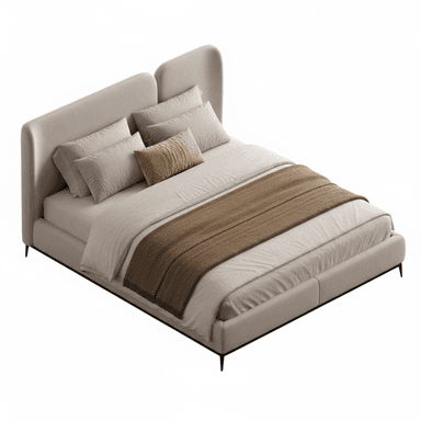 A contemporary upholstered platform bed featuring a distinctive split headboard with rounded, curved edges. The entire bed frame, including the headboard and side rails, is covered in a light beige or taupe fabric. It stands on four slender, minimalist black metal legs. The bed is dressed with light beige bedding and a brown throw blanket, along with multiple pillows in coordinating neutral tones. — 3D model (AI enhanced source)